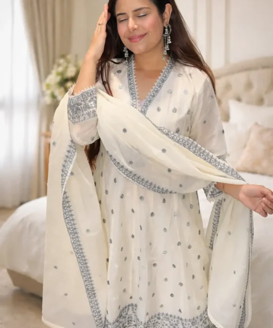 White Cotton Anarkali Suit Set