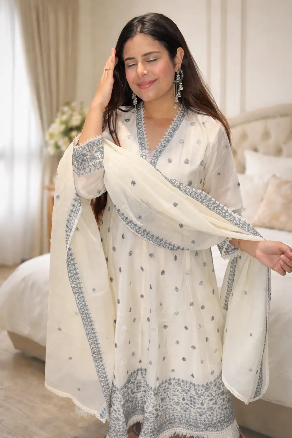White Cotton Anarkali Suit Set